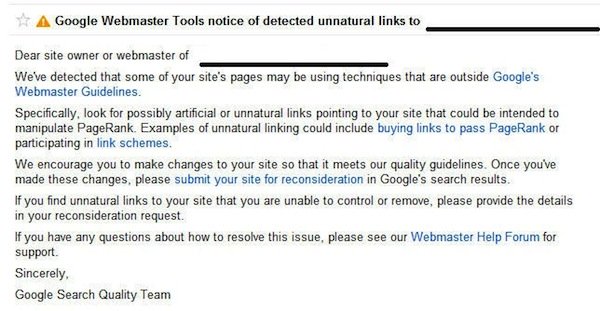 Сообщение Google о неестественности ссылок.